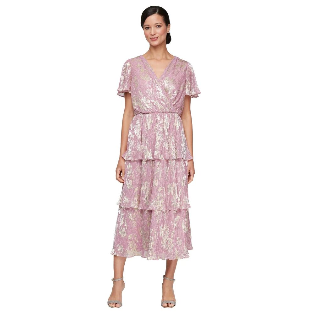 SLNY Metallic Floral Tiered Cocktail Dress Sz 16
